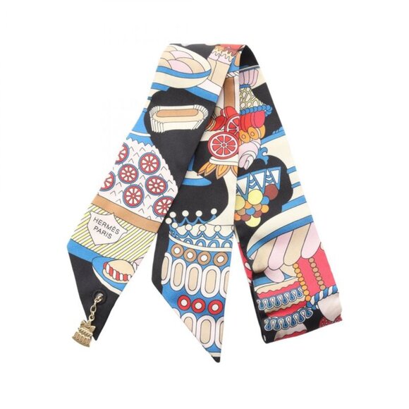 Hermes Scarf Twill la Patisserie Francaise Silk Black Multicolor